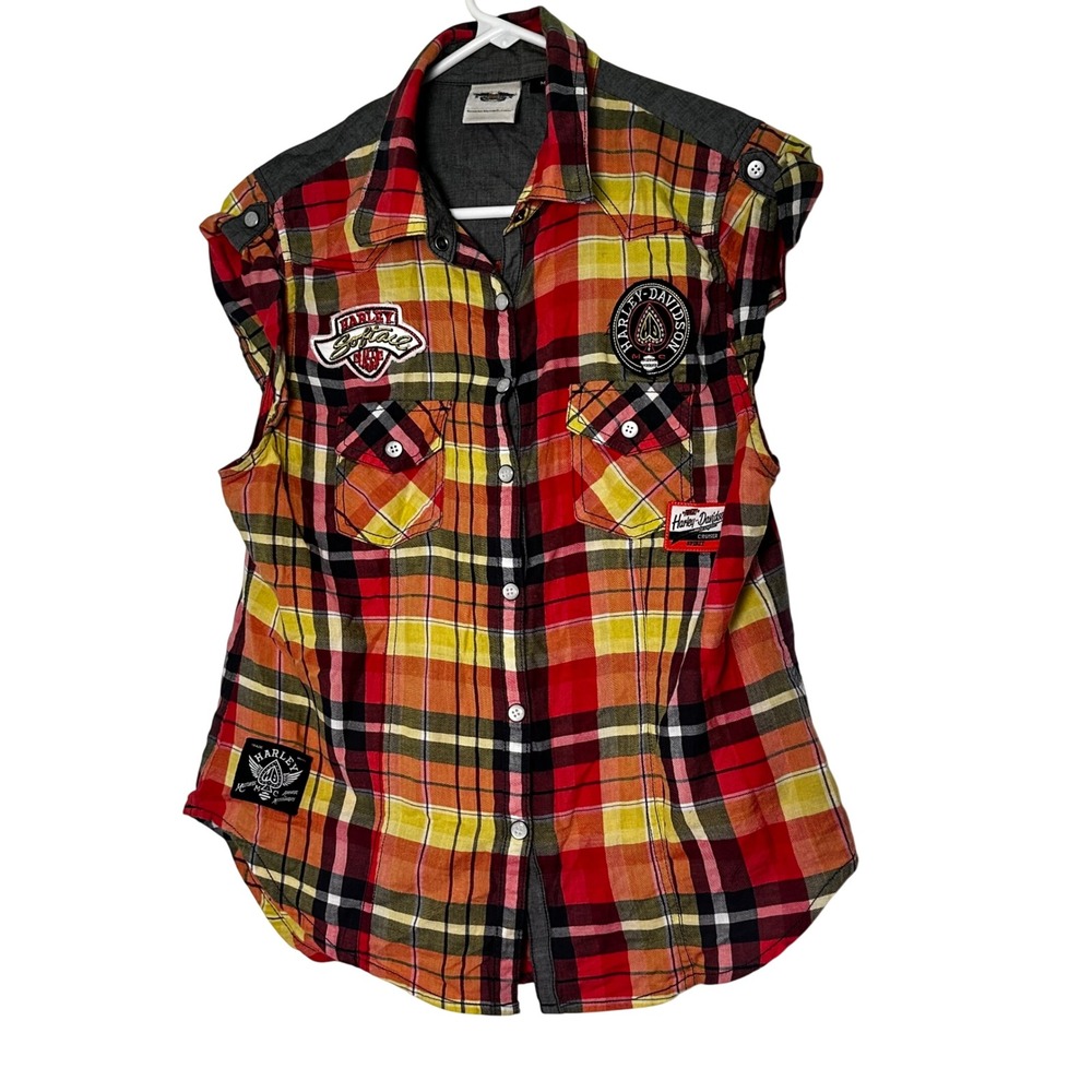 Harley Davidson Plaid Sleeveless Button Up Shirt Women Medium 96387-15VW Patches